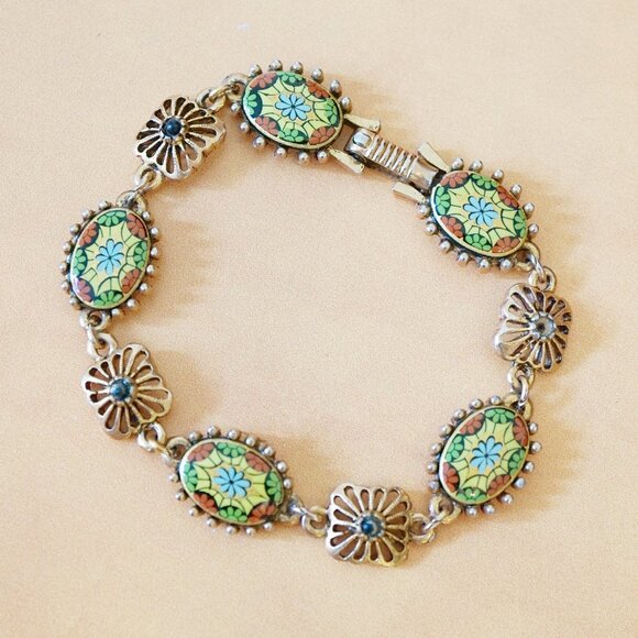 Jewelry - 1960s Micro Mosaic Style Painted Link Bracelet – 7"